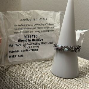 Hematite Plated Ring with Lab Grown Milky White Opal